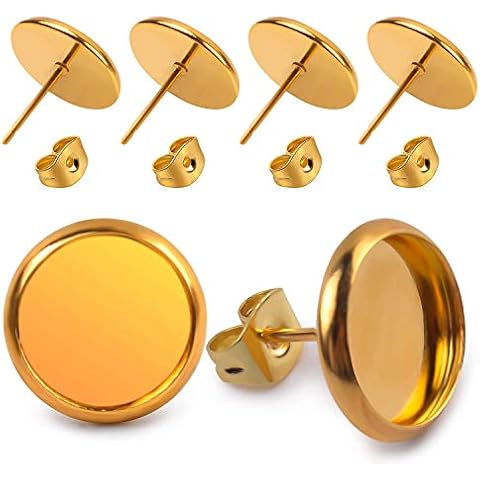 Jdesun 40 Pieces Stainless Steel Stud Earring Cabochon Setting Post Cup for 12mm and 40 Pieces Earring Safety Backs, Gold Color Cover