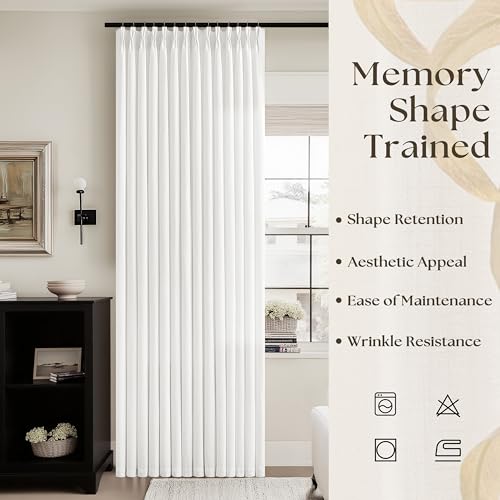 Image of Off White Pinch Pleated Semi Sheer Linen Curtains 86 Inch Long | 86 Inch Length, Ivory, Light Filtering, Privacy, Bedroom, Office, Burlap Textured, Memory Shape, Hook Rings, Boho, Modern