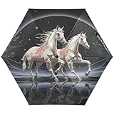 NYYYTTTEU Caballos Estrellados Blancos Paraguas de Viaje Pequeño,Compacto Ligero con Protección Solar Anti-UV para Niñas
