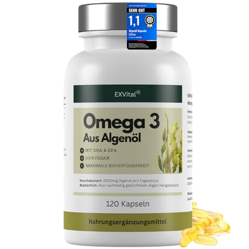 EXVital® Omega 3 aus Algenöl, vegan, 120 Softgel Kapseln, 2000mg Algenöl mit 600 DHA & 300mg EPA...