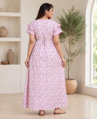 Image of Women's Pure Cotton Maxi Nighty, Floral Print, Short Sleeve Night Gown Adjustable Back BeltSoft Breathable Full-Length Sleepwear & Lounge Wear