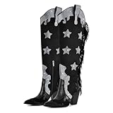 sexytag Extra Wide Calf Cowgirl Boots for Women Thigh High Fringe Rhinestone Star Sparkly Over The Knee Cowboy Boots Tassals Pointed Toe Chunky Heel Side Zipper Tall Western Boot Black Size 9