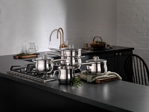 Stellar Classic Set of 5 Stainless Steel Pans 20cm, 18cm, 16cm Deep Saucepans, Lids, 14cm Milk Pot, Steamer, Induction Ready