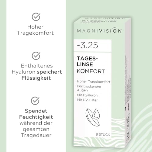 MAGNIVISION Tageslinsen Komfort weiche Kontaktlinsen für -2,75 Dioptrien | 8 Stück | BC 8.6 | DIA 14.2 | Kontaktlinse mit Hyaluron und UV-Filter für empfindliche Augen | ohne Konservierungsstoffe