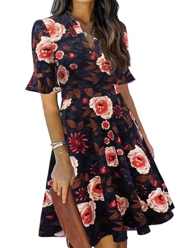 Image of Mokayee Womens Summer V Neck Ruffle Short Sleeve Fit and Flare Knee Length Church Wedding Guest Dresses with Pockets