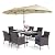 PHI VILLA 7 Piece Outdoor Dining Set with Umbrella, 60” Rectangular Metal Dining Table & 6 Cushioned Rattan Wicker Chairs & 13ft Large Beige Umbrella for Patio, Deck, Yard, Porch