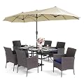 PHI VILLA 7 Piece Outdoor Dining Set with Umbrella, 60” Rectangular Metal Dining Table & 6 Cushioned Rattan Wicker Chairs & 13ft Large Beige Umbrella for Patio, Deck, Yard, Porch