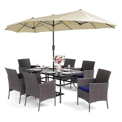 PHI VILLA 7 Piece Outdoor Dining Set with Umbrella, 60” Rectangular Metal Dining Table & 6 Cushioned Rattan Wicker Chairs & 13ft Large Beige Umbrella for Patio, Deck, Yard, Porch