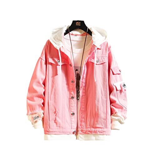 Pink Black Jeans Jacket Autumn Men Slim Streetwear Ripped Denim Jacket Hip Hop Hoodie Bomber Jacket