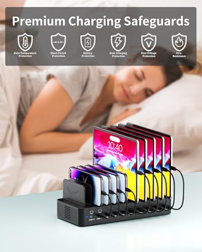 Image of 580W Charging Station for Multiple Devices, 10-Port USB C Fast Charger Station, Dual PD 100W Charging Dock with Adjustable Dividers & 6 Cables-Device Organizer for Laptop MacBook, iPhone, iPad