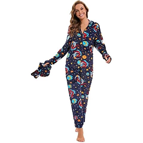 QIYUANT Womens Hooded Footed Onesie Adult Jumpsuit Warm Flannel One Piece All in One Pajamas Zipped Overall Autumn Winter Halloween Christmas Nightwear Loungewear Sleepsuits ( Starry Sky, M ) Cover