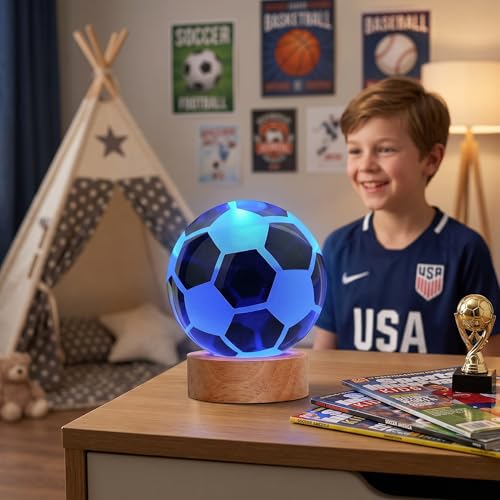 Image of 3D Soccer Ball Night Light, Soccer Lamp 16 Color Changing with Remote Control for Bedroom Decor, Ideal Cool Desk Decor Gift for Teens Boys, Football
