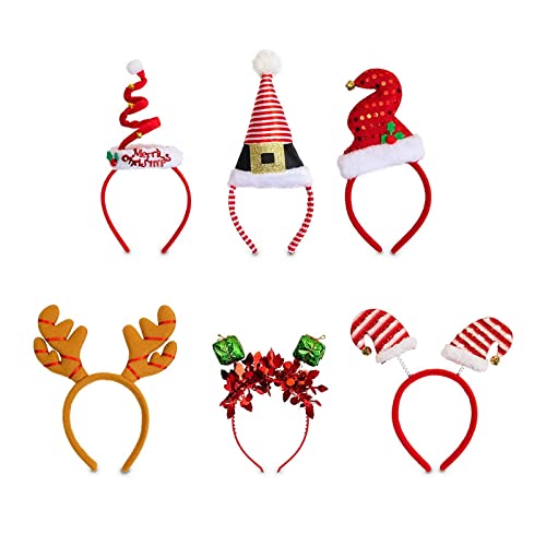 Christmas Headbands - 6-Pack Holiday Party Accessories, Festive Photobooth Props and Decoration, 6 Assorted Designs Including Reindeer Antler, Elf Hat, Santa Hat, For Adults