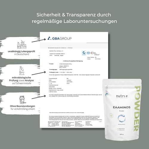 Nutri + EAA Pulver Neutral 500 g hochdosiert + vegan - 9 essentielle Aminosäuren - Instant Natural ohne Süßstoff, Zusatzstoff & künstlichen Geschmack