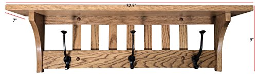 Mission Style Coat Rack Wall Mount With Shelf – 32.5” Coat, Towel, Or Hat Rack – Coat Hanger Wall Mount W/3 Iron Coat Hooks – Solid Wood Coat Racks – Rustic Wall Decor (Oak Wood, Michaels Stain) #TOP3