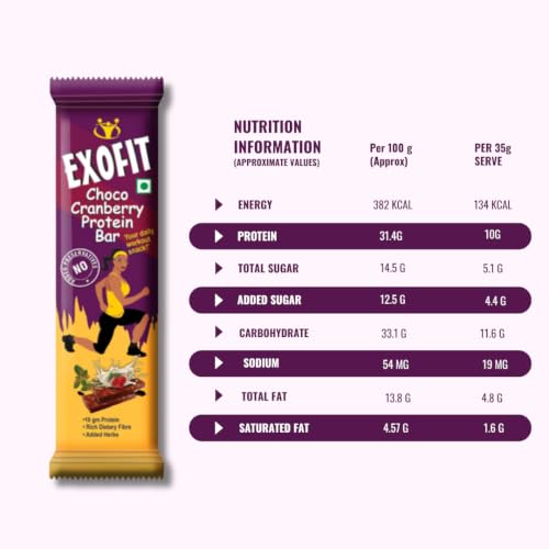 Image of Exofit Choco Cranberry Protein Bar 35 gm (Pack of 4 Bar) Protein Blend, High fiber, Low Calories & Carbs, No Added Preservatives, No Added Sugar - 140g