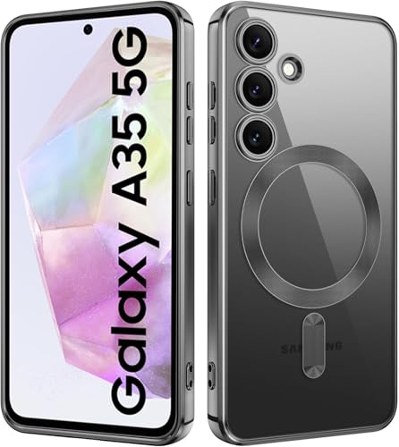 Image of VONZEE Clear Logo Electroplating Transparent Case for Samsung Galaxy A35 5G, Magnetic Plating Electroplate TPU Cover, Individual Camera Protection for Each Lens- Black