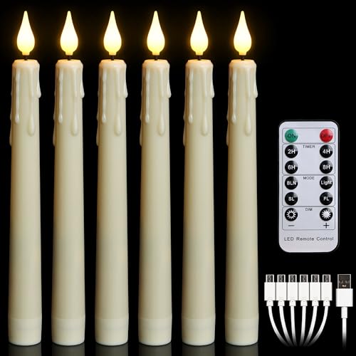 FREEPOWER Juego de 6 velas LED recargables con mando a distancia y temporizador, luz blanca cálida, cable USB tipo C, plástico, 2 x 21 cm