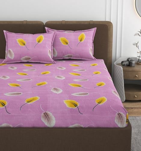 Image of VOMZER 320 TC Cotton Feel All Around Elastic Printed Fitted Queen Size Bedsheets, Supersoft Elastic Fitted Double Bedsheet with 2 Pillow Covers, Size 60x78x8 Inches, Pink Pankh
