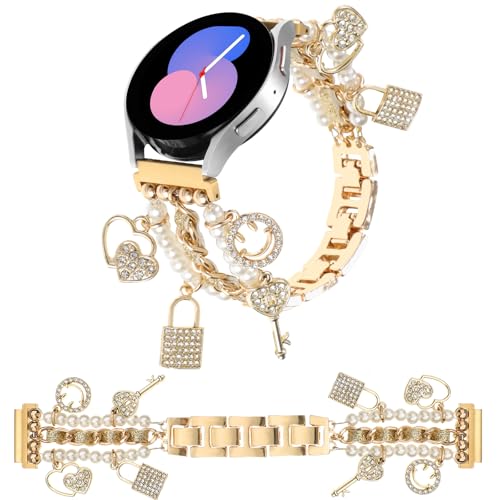 REALSIGN 20MM Pearl Beaded Bling Band Compatible with Samsung Galaxy Watch 7/FE/6/5/4 40/44mm,Watch 6/4 Classic,5 Pro,Active 2,Stylish Metal Band with Shiny Charms Pendants Women (Lock Glitter Gold) by REALSIGN - Used condition - US$9.55