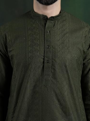 Image of SOJANYA (Since 1958 Men's Pure Cotton Checked Embroidered Long Kurta | Traditional for Diwali Celebrations
