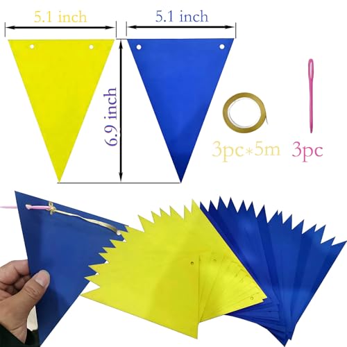 Image of Blue and Yellow Pennant Banner 3 Pack Paper Triangle Flag Hanging for Wedding Birthday Gender Reveal Baby Shower Halloween Family Party Decoration（36pcs Triangle Flag）