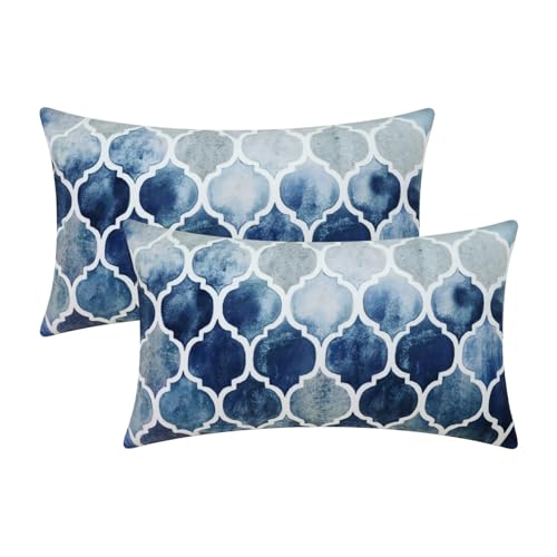 CaliTime Pack of 2 Cozy Bolster Pillow Cases Covers for Couch Bed Sofa Manual Hand Painted Colorful Geometric Trellis Chain Print 30cm x 50cm Main Grey Navy Blue