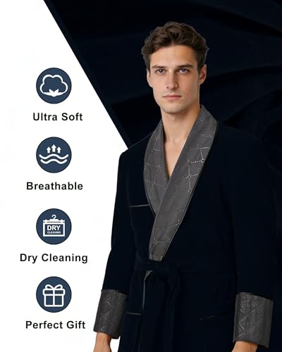 Image of Men's Long Velvet Smoking Jacket Smoking Robe with Belt Shawl Lapel Quilted Dressing Gown