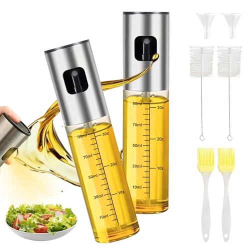 2 piezas 100ml Pulverizador Aceite Spray,spray aceite cocina aceitera ,para Cocinar,Ensalada,Hornear Pan,BBQ,Equipado con 2 cepillos aceit silicona + 2 embudos de plástico + 2 cepillos de limpieza