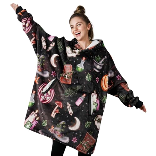 Witchy Gifts for Women on Halloween, Wearable Blanket Hoodies for Adults, Oversized Flannel Hooded Blankets, Gifts for Birthday, Christmas, and so on, One Size Fits All