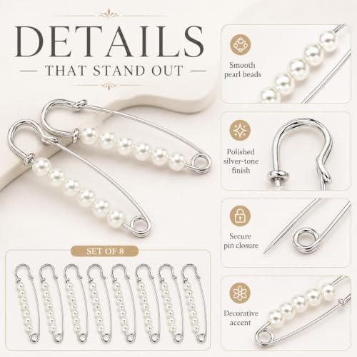 Folvanthely 8Pcs Large Pearl Brooch Pins for Women Silver 7.5cm(2.95'') by Folvanthely - Used condition - Image 6