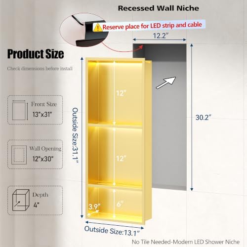 3-Tier Recessed LED Shower Niche,12"X30" Bathroom Wall Niche, with 3-Temperature LED Strip Light 4000K/6000K/3000K, Waterproof No Tile Need Stainless Steel Wall Cabinet(Gold) — 사진 2