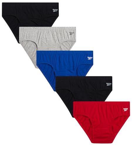Reebok Mens Low Rise Briefs - 5 Pack Soft Cotton Mens Underwear Briefs with Supportive Contour Pouch for Everyday Wear, Size Large, Black/Heather Grey/Salsa Red/Black