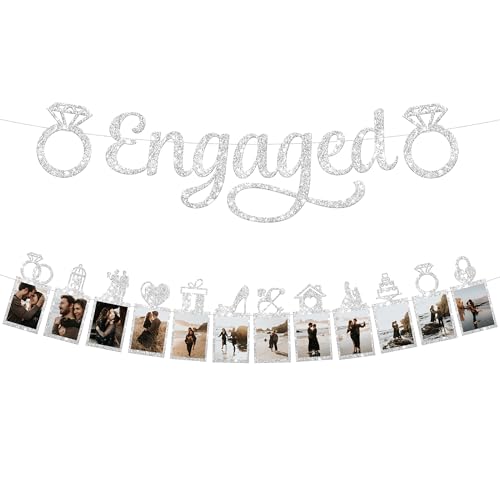Image of KatchOn, Silver Glitter Engaged Photo Banner - 2 String, 10 Feet, No DIY | Silver Engagement Party Decorations | Engagement Photo Banner for Bachelorette Party Decorations | She Said Yes Decorations