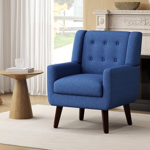FaFaSoGoodFa Linen Fabric Living Room Chairs, Accent Chair, Mid Century Modern Armchair for Living Room, Bedroom Button Tufted Upholstered Comfy Reading Sofas,Vanity Chair (1, Navy)