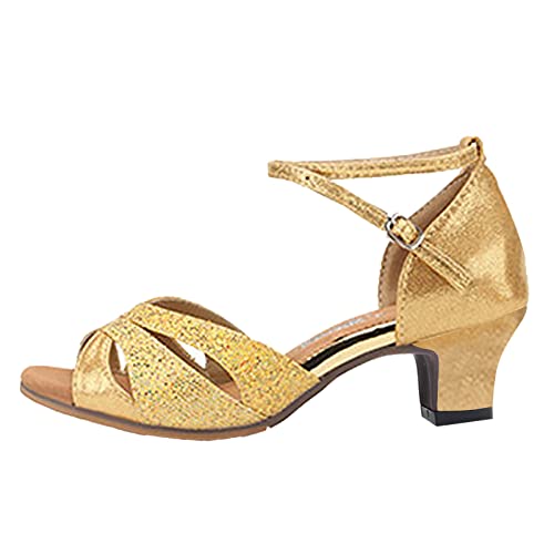 Sandaler dam med klack, eleganta dansskor, sommar, glitter, latinsandaler, mjuka sulor, låg klack, remsandaler, bröllop, festskor, damsandaler för damsandaler, Guld, 36 EU