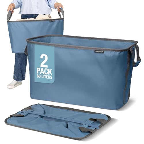 Image of CleverMade Collapsible Laundry Basket 2 Pack - 60L (16 Gal) Foldable Clothes Hamper with Reinforced Handles, Space Saving Fabric Laundry Bin, Holds 55 lbs, Flat Folding for Dorm, Apartment & RV - Denim