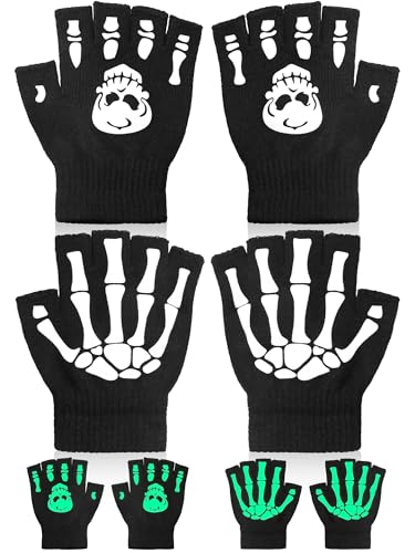 Bencailor 2 Pairs Skeleton Knitted Skull Gloves Glow in The Dark Fingerless Gloves Cosplay Costume Accessories(5-11 Years)