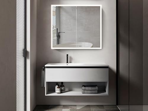 Talos LED Spiegelschrank Silver Magnus 80x70x13 cm Bad Design Spiegelschrank mit umlaufender LED-Beleuchtung,neutralweißer Lichtfarbe Aluminium silber matt, doppelseitig verspiegelt, 2 Glasböden, IP44