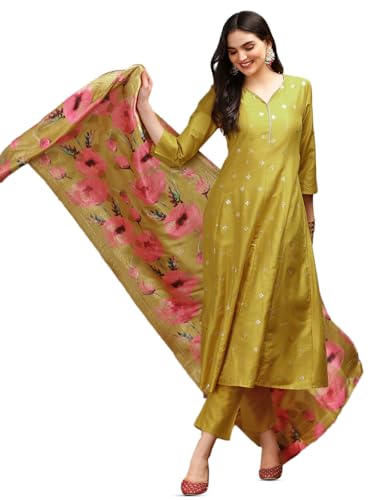 Image of ishin Mustard A-line kurta set with printed floral dupatta | Kurta set for women | Kurta with trousers and dupatta