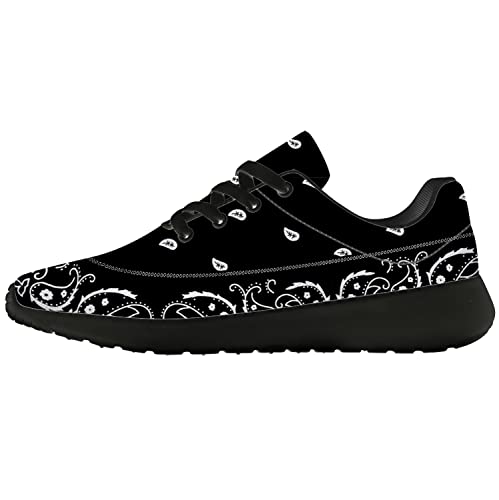 Women's Men's Road Running Shoes Comfortable Non-Slip Tennis Walking Sneakers,Black Bandana Paisley,US Size 13 Women/11 Men