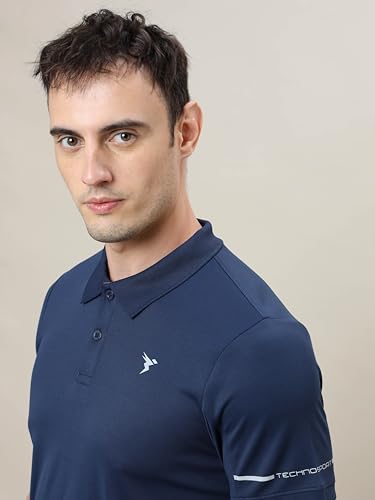 Image of TECHNOSPORT Men's Solid Slim Fit Polo Collar T-Shirt TECHNOCOOL+ Half Sleeve Button Polyester for Gym Running Workout UPF50+ Anti Odour