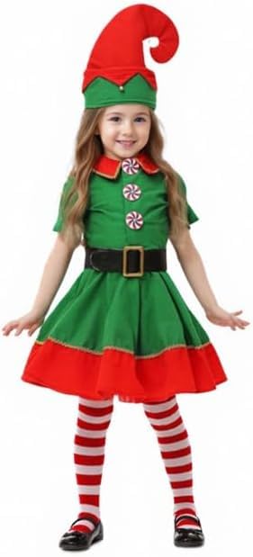 Kids Elf Costume for Boys Santa's Little Elf Helper 5 Pc Christmas Dress Up Costumes Red and Green Xmas Fancy Dress Outfit for Kids Tunic Top, Trousers, Hat, Socks, Belt for Party Festival