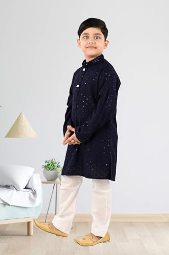 Image of Traditiona Kurta with White Pajama Set, Kids Ethnic Wear, Cotton Blend
