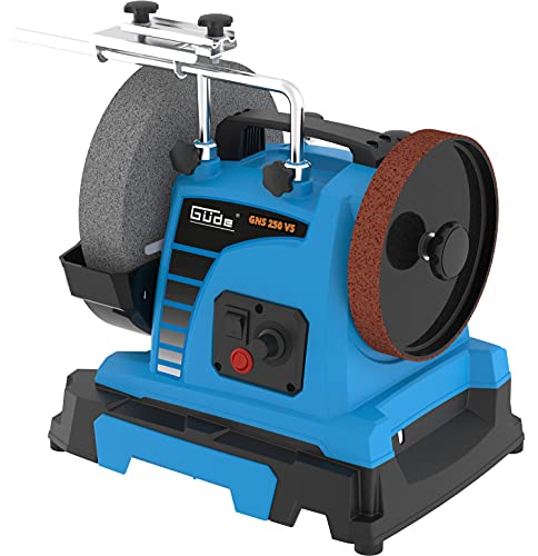 Güde GNS 250 VS - Juego de lijadora húmeda (150 W, motor de inducción, piedra de afilar corindón noble, diámetro de 250 mm/220 K, disco de extracción de piel, apto para acero para herramientas de más