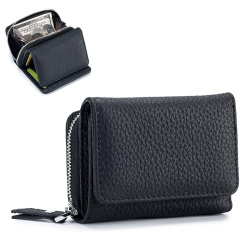 ZhaoCo Piccolo Portafoglio Donna in Vera Pelle con RFID Blocco e Cerniera Portamonete, Porta Carta Morbido e Corto per Donna Ragazza - Nero