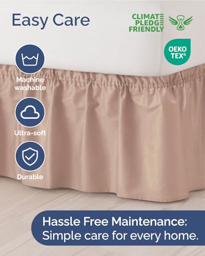 Image of Wrap Around Dust Ruffle Bed Skirt, Queen Size Beds - 15 Inch Drop, Mauve | Easy Fit Elastic Strap, Adjustable Pleated Bedskirt w /Brushed Fabric, Wrinkle & Fade Free, for Women, Men, Kids & Teens