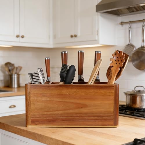 Image of Wooden Kitchen Utensil Holder Organizer for Counter or Countertop, Large Wooden Utensil Holder 4 Compartment, Acacia Wood Container Extra Large.with Strong Magnets Multifunctional Storage Knife Holder
