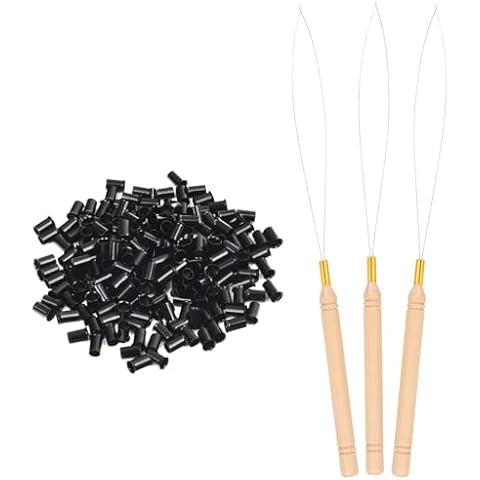 Vlasy 200pcs Micro Rings Links Beads and 3pcs Hair Extension Loop Needle Threader Kit for Hair Feathers,I-Tip Hair Extensions Cover