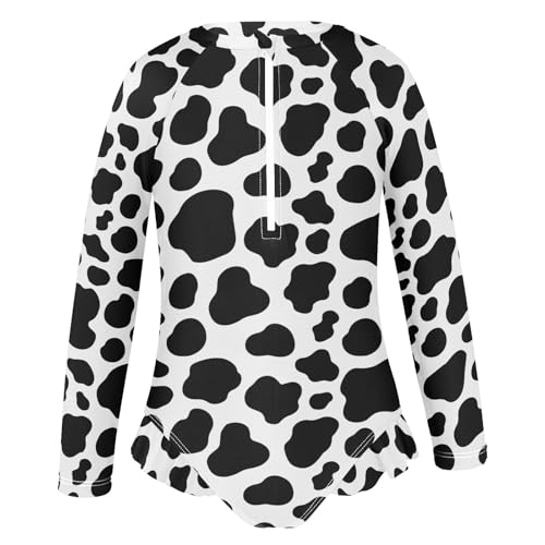 Girls Long Sleeve Swimsuit Cow Print One Piece Bathing Suit Zipper UPF 50+ Rashguard Swimwear 3-12Y2